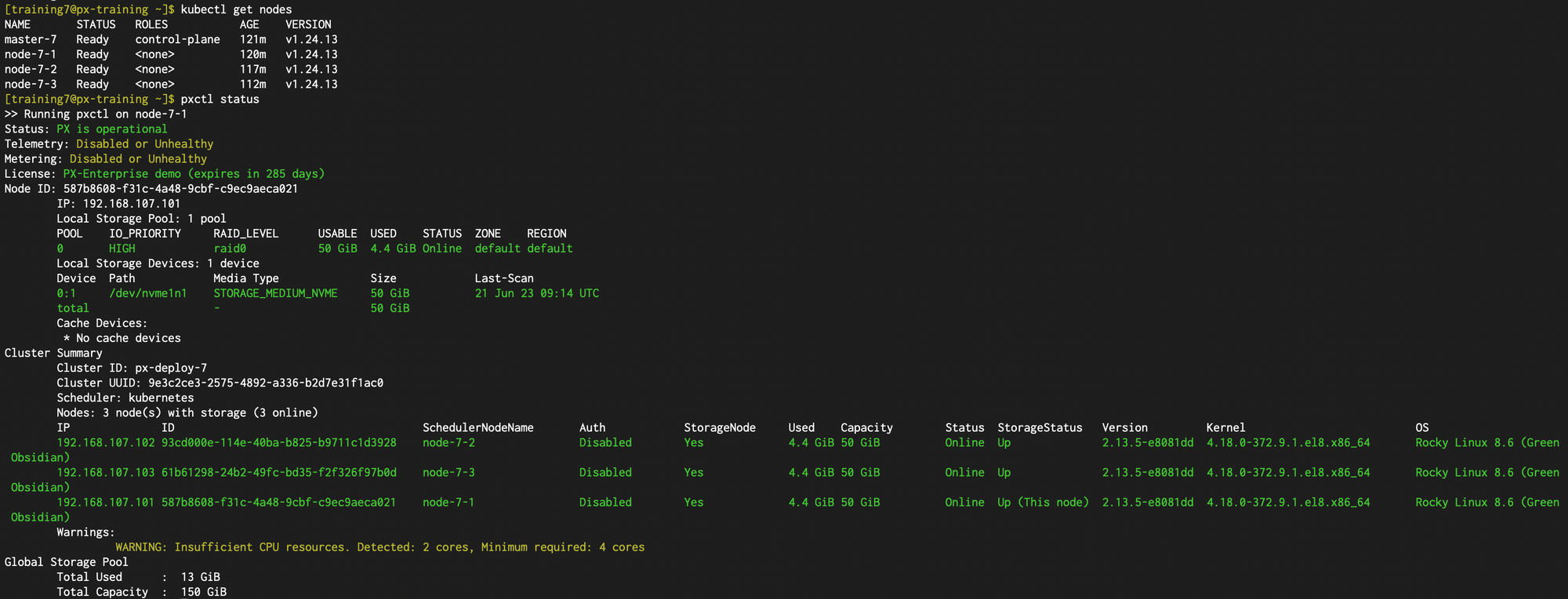 Screenshot of the Portworx status in our workshop cluster