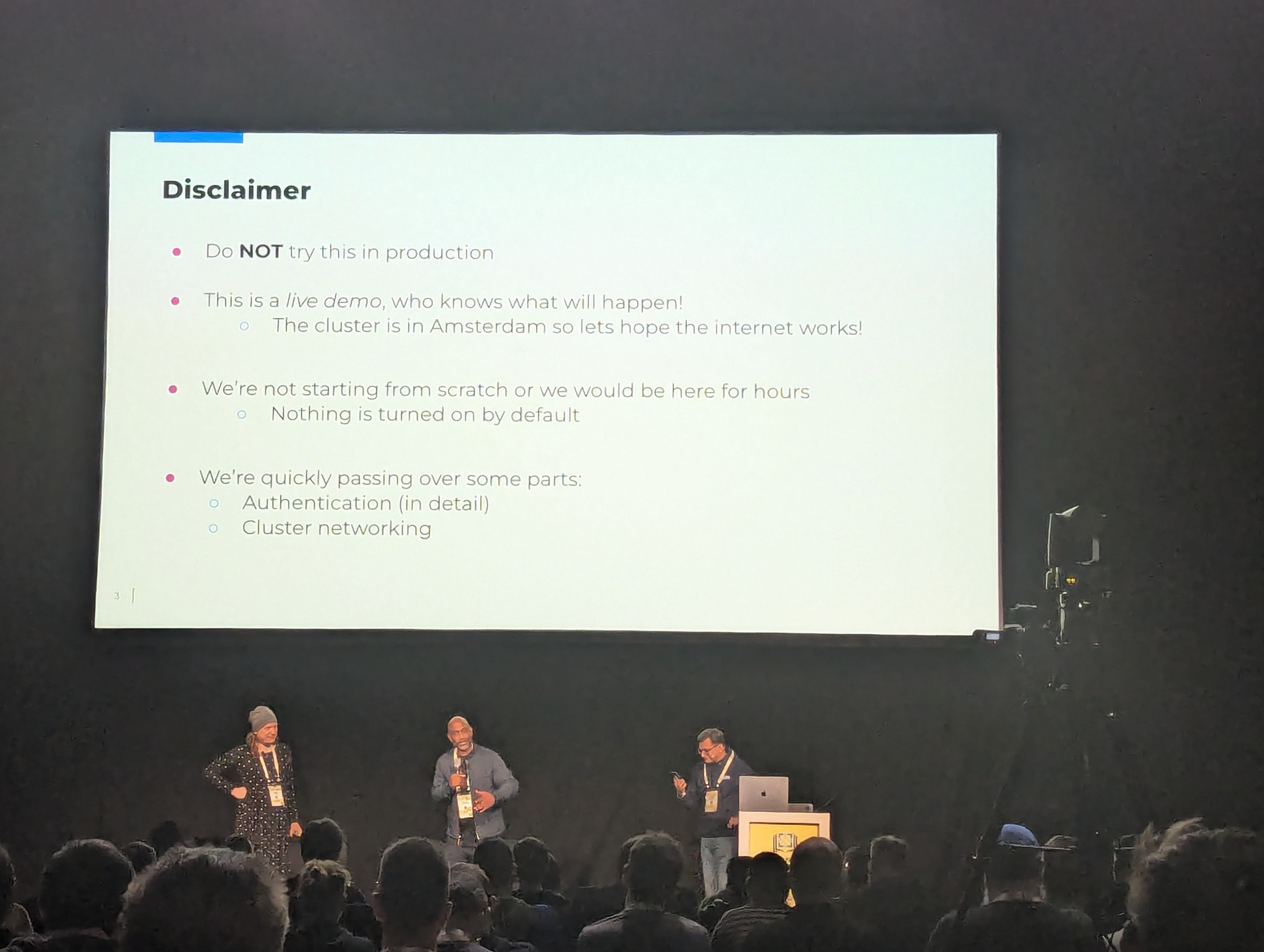 Kelsey as a guest on stage during a kubernetes the hard way presentation