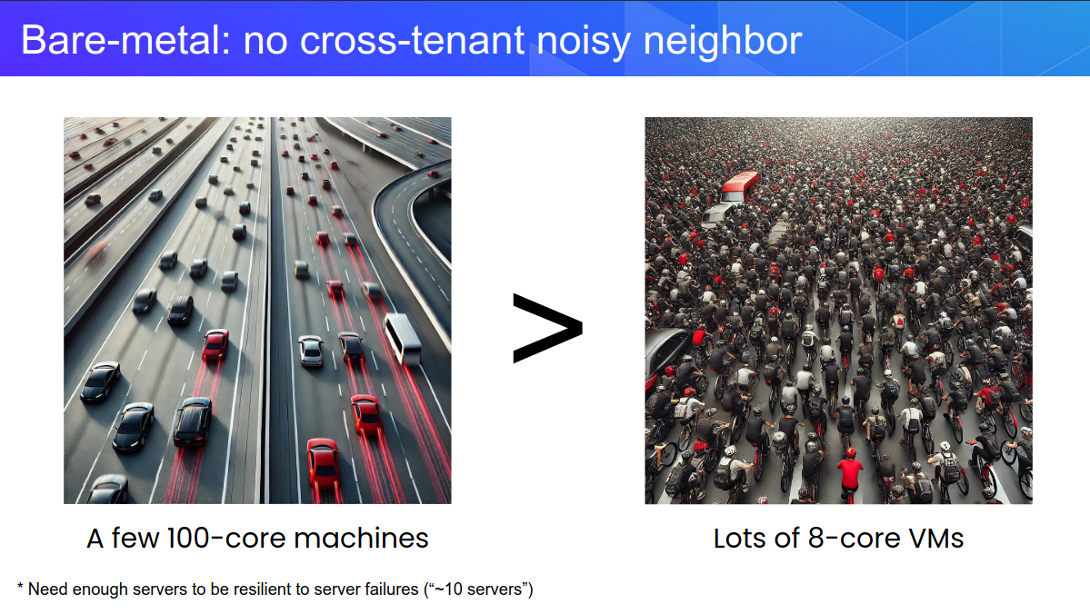 A slide showing a few 100 core machines being better than a lot of 8 core vm's