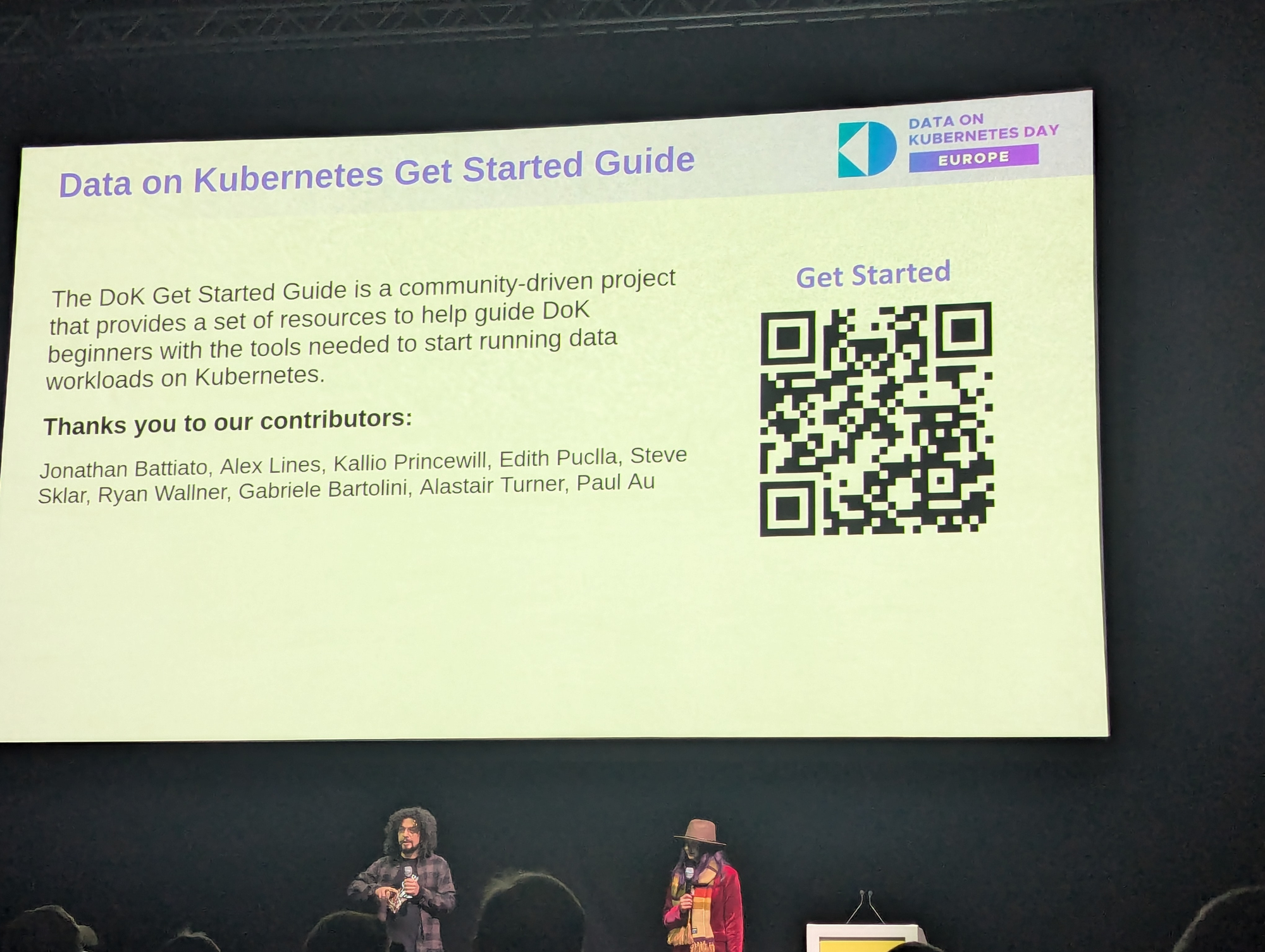 A picture of the slide by the DOK team sharing a 'getting started' guide for Data on Kubernetes